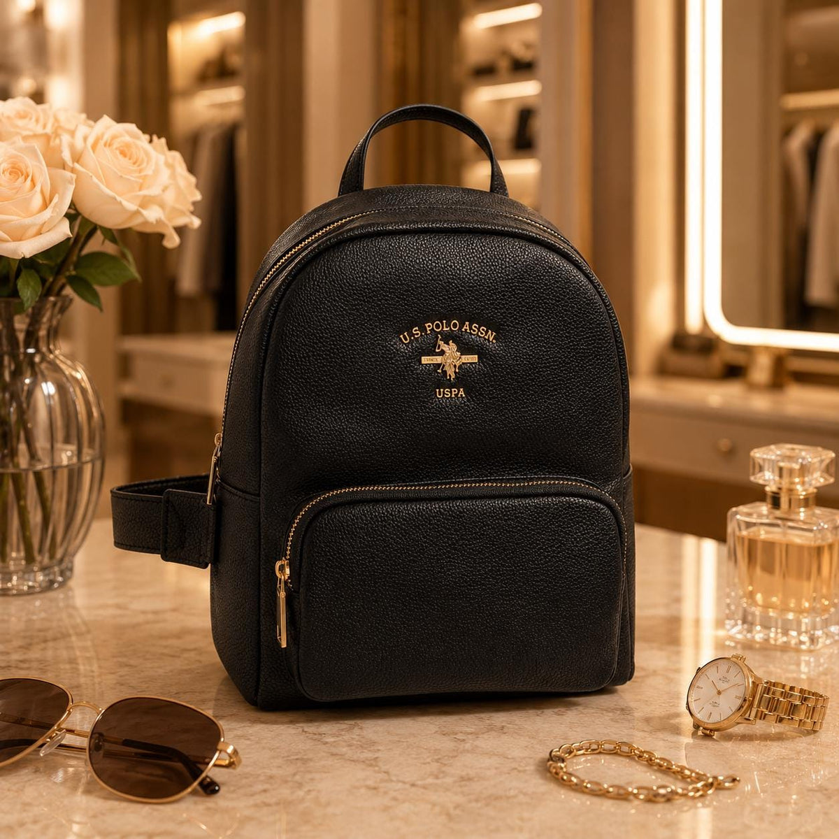 U.S. Polo Assn Black Backpack, Womens Backpack, Gold Hardware Rucksack, Adjustable Shoulder Straps, Everyday Travel Bag