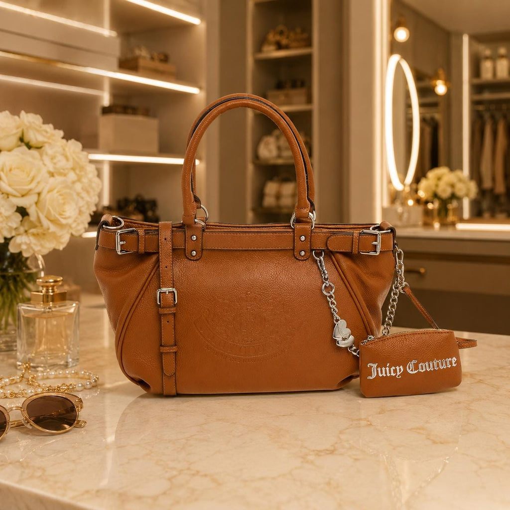 Juicy Couture Tan Shoulder Bag, Twig Narrative Handbag, Brown Crossbody Bag with Pouch, Silver Charm Designer Bag