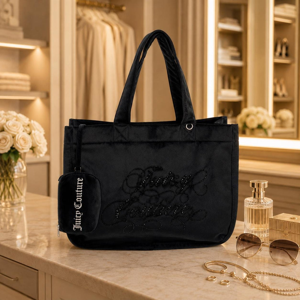 Juicy Couture Black Frida Rhinestone Tote Bag With Wallet, Velour Shoulder Bag, Embroidered Logo Handbag, Women’s Designer Bag