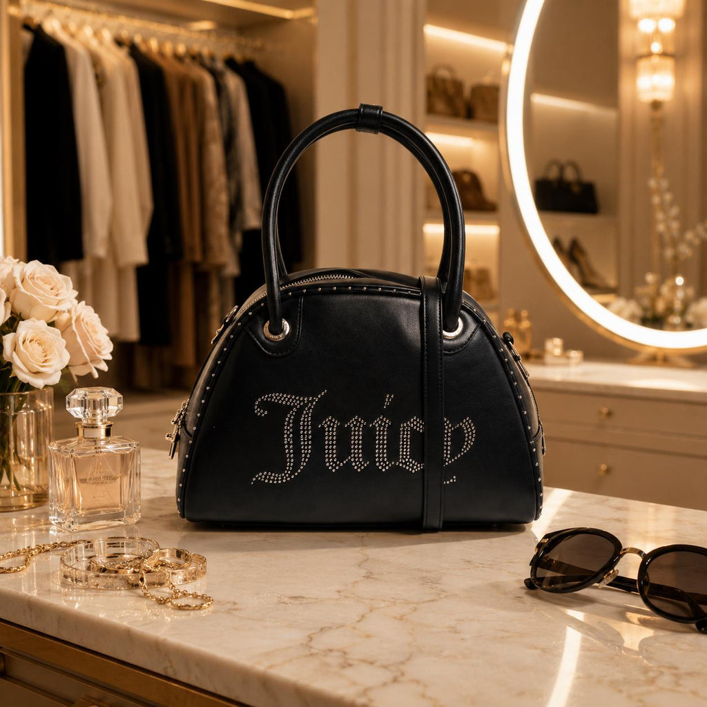 Juicy Couture Black Kimberly Bowling Bag, Studded Logo Handbag, Black Shoulder Bag, Silver Hardware Designer Bag