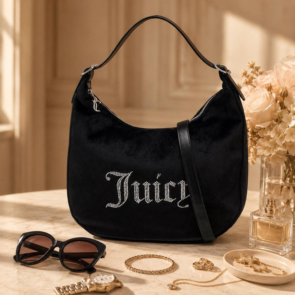 Juicy Couture Black Velour Shoulder Bag, Rhinestone Logo Hobo Bag, Detachable Pouch Handbag, Black Designer Purse, Gift for Her