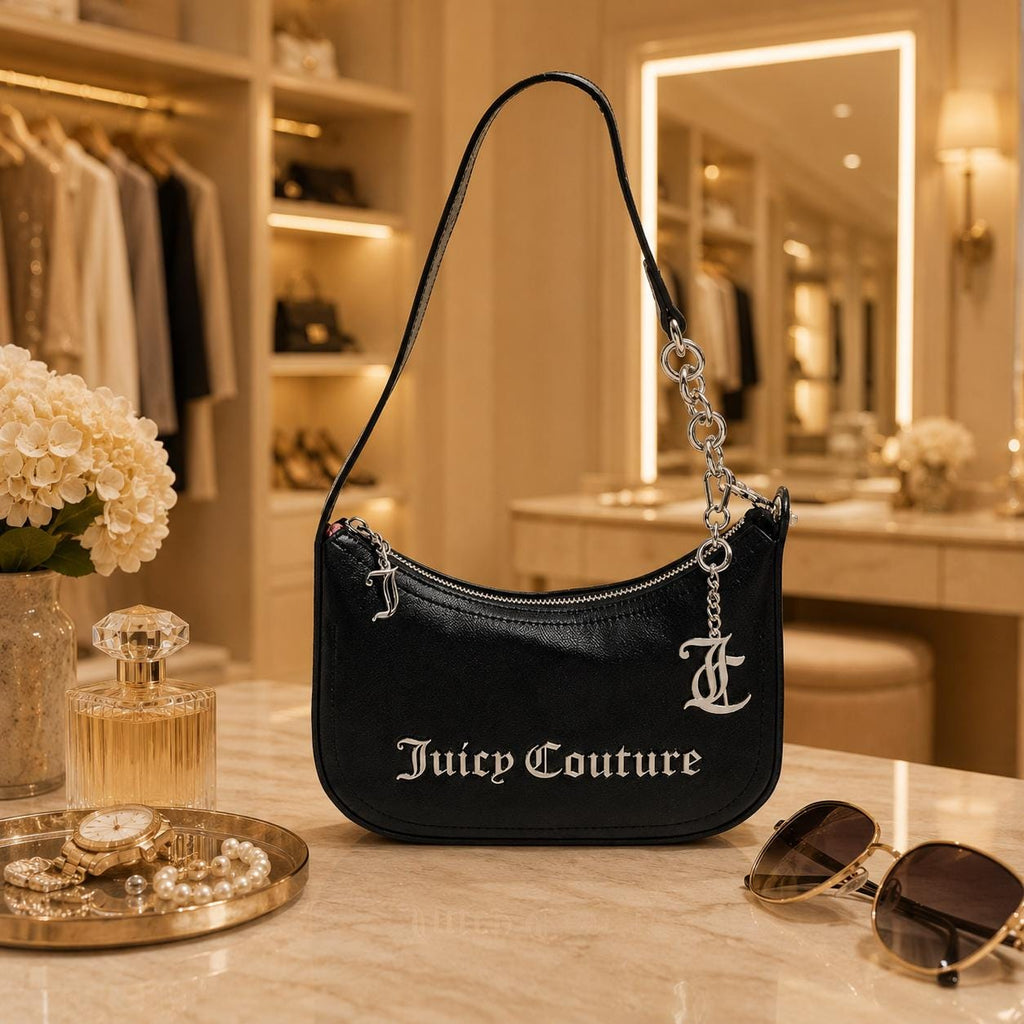 Juicy Couture Black Jasmine Shoulder Bag, Silver Chain Charm Handbag, Logo Zip Purse, Women’s Designer Bag, Gift for Her