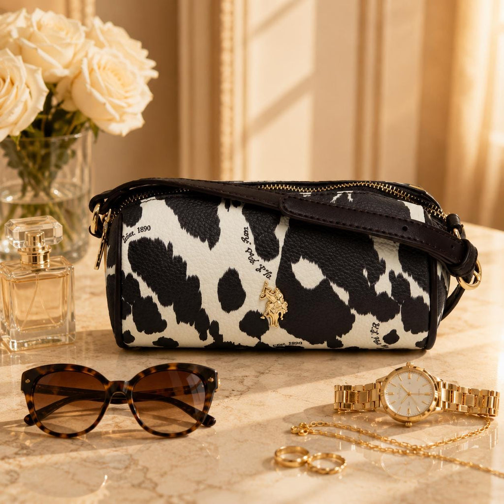 US Polo Assn Cow Print Crossbody Bag, Brown & Cream Shoulder Bag, Adjustable Strap Handbag, Gold Charm Purse, Gift for Her