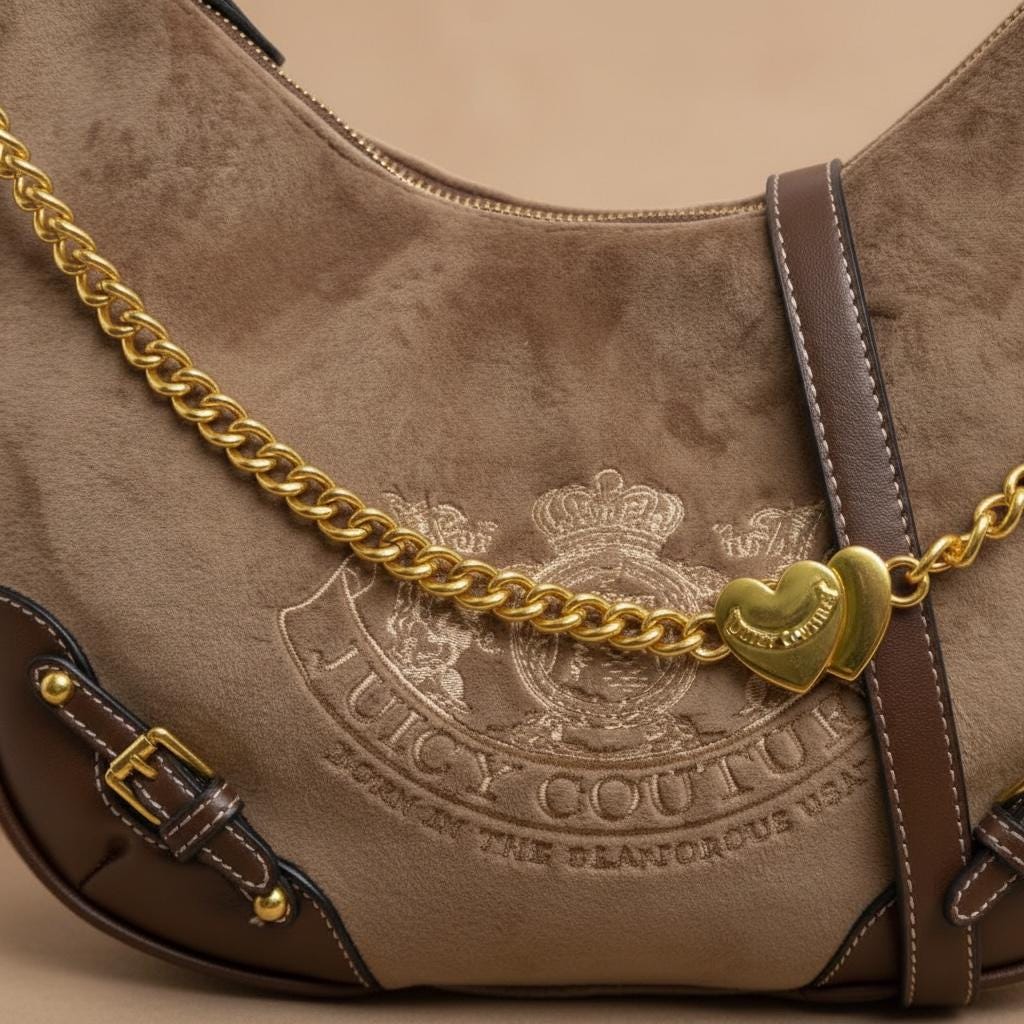 Juicy Couture Brown Hobo Shoulder Bag, Y2K Vintage Inspired Handbag, Gold Heart Charm, 2000s Aesthetic Purse