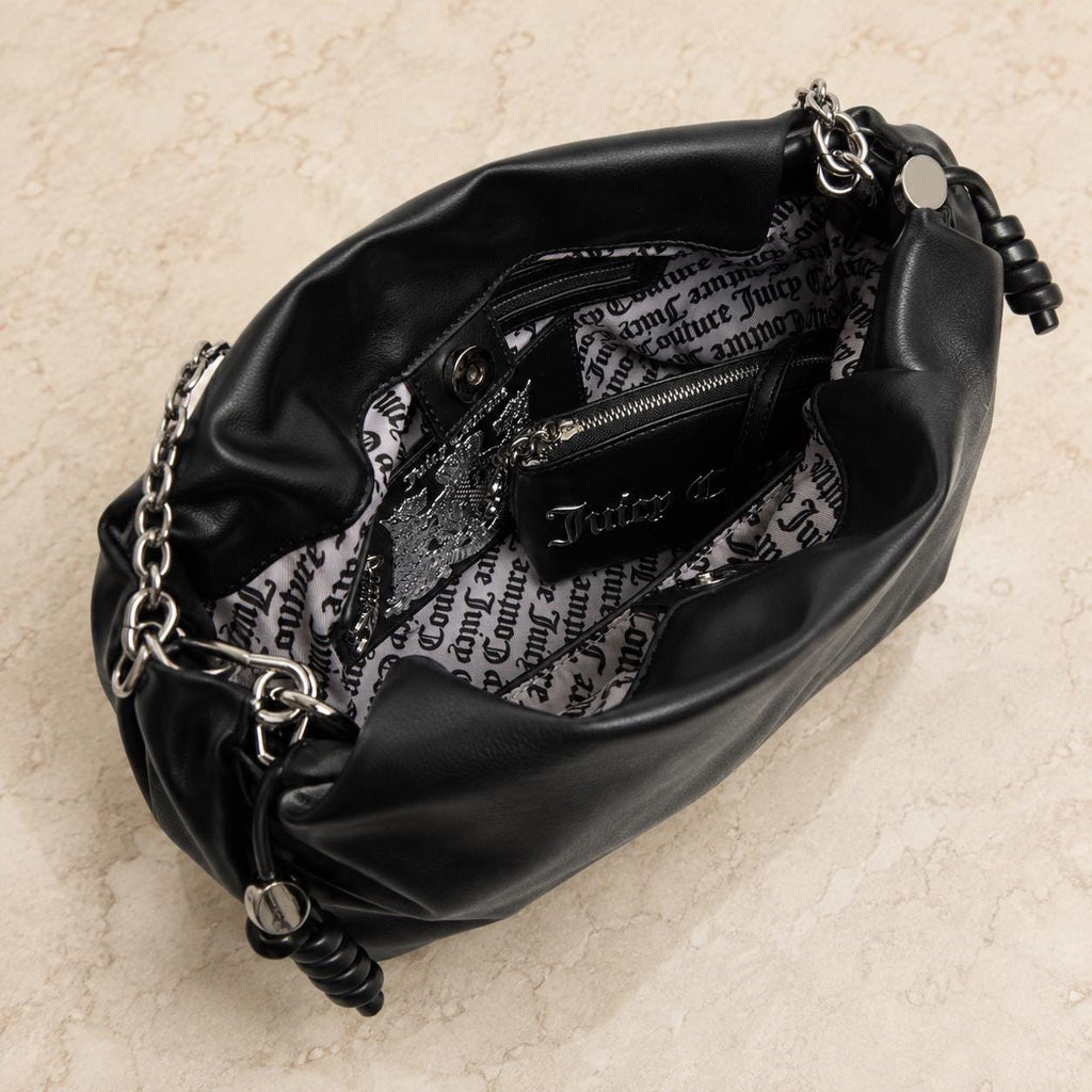 Juicy Couture Black Satchel Bag with Wallet, Silver Chain Shoulder Bag, Studded Logo Handbag, Women’s Designer Purse