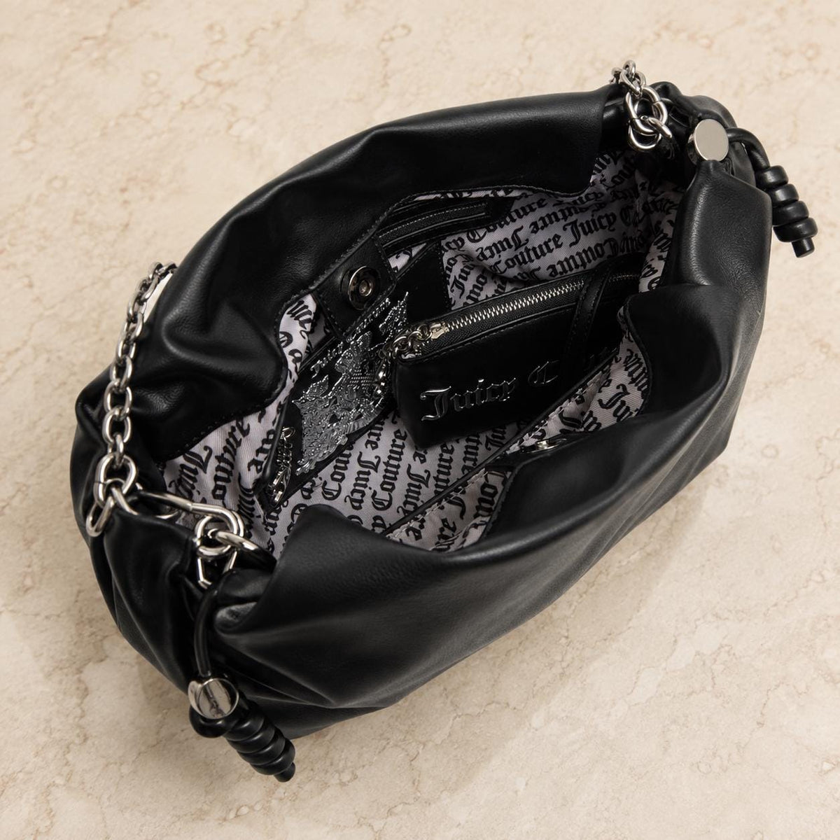 Juicy Couture Black Satchel Bag with Wallet, Silver Chain Shoulder Bag, Studded Logo Handbag, Women’s Designer Purse