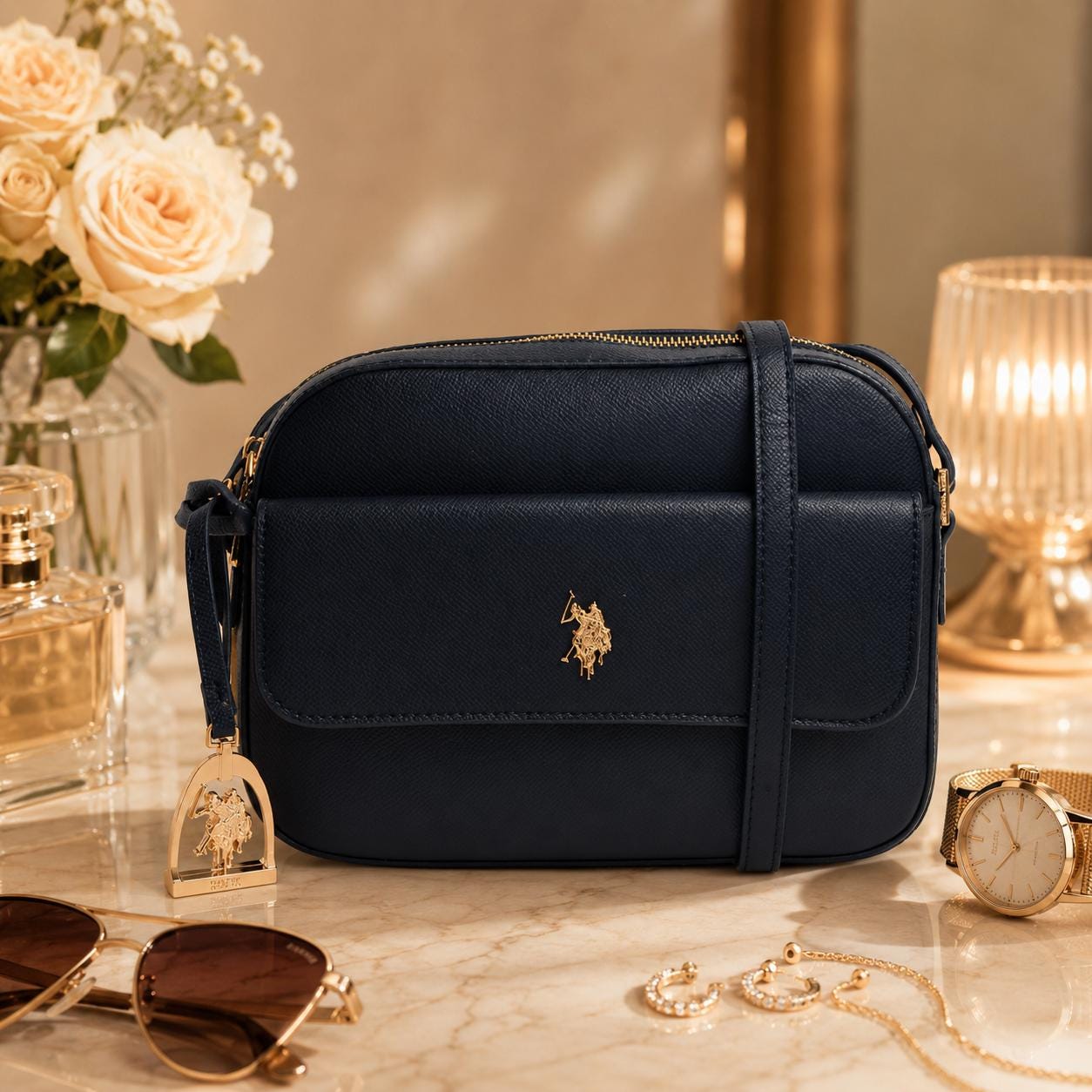 U.S. Polo Assn Navy Crossbody Bag, Blue Shoulder Handbag, Gold Logo Purse, Adjustable Strap Camera Bag, Gift for Her