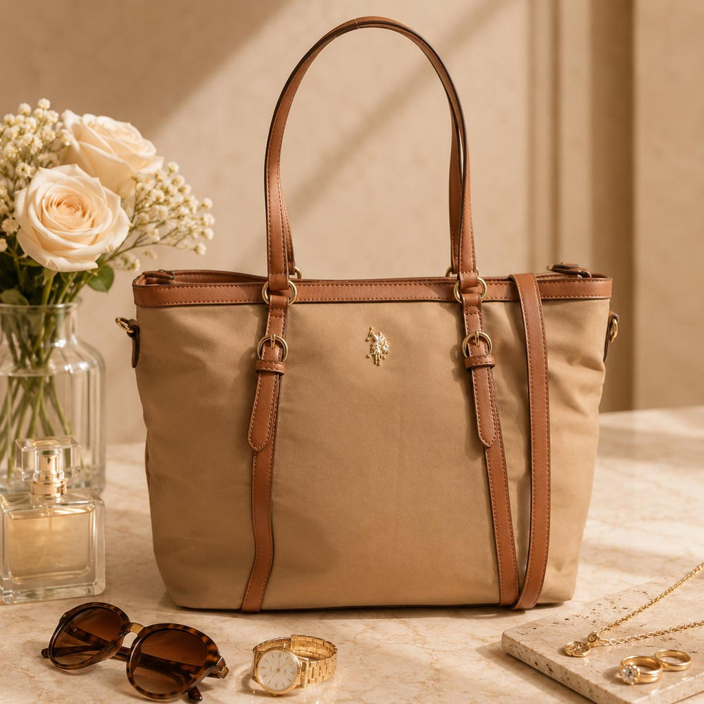 U.S. Polo Assn. Beige Tote Bag, Large Womens Shopping Bag, Nylon Shoulder Handbag, Adjustable Strap Work Bag, Gift for Her