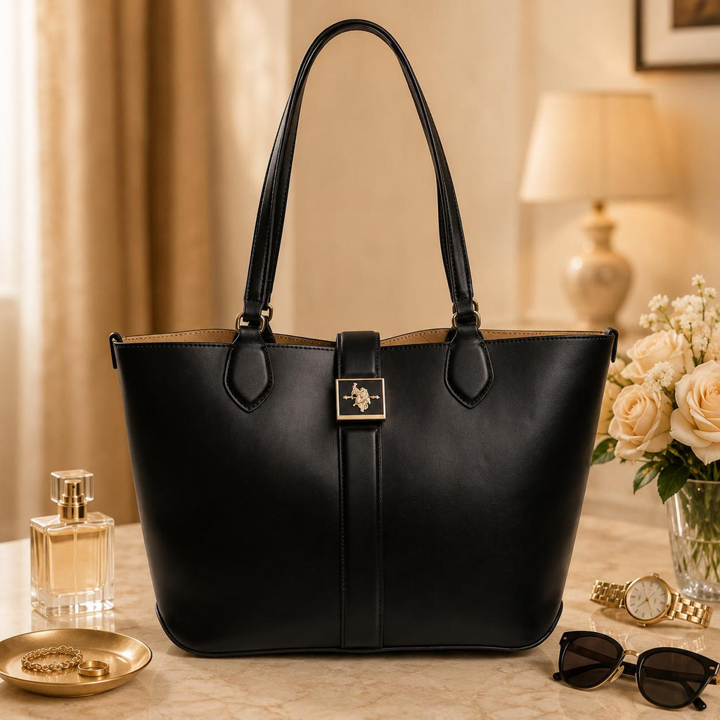 US Polo Assn Black Margaret Tote Bag, Womens Large Shoulder Handbag, Gold Logo Work Shopper Bag with Pouch, Gift for Her