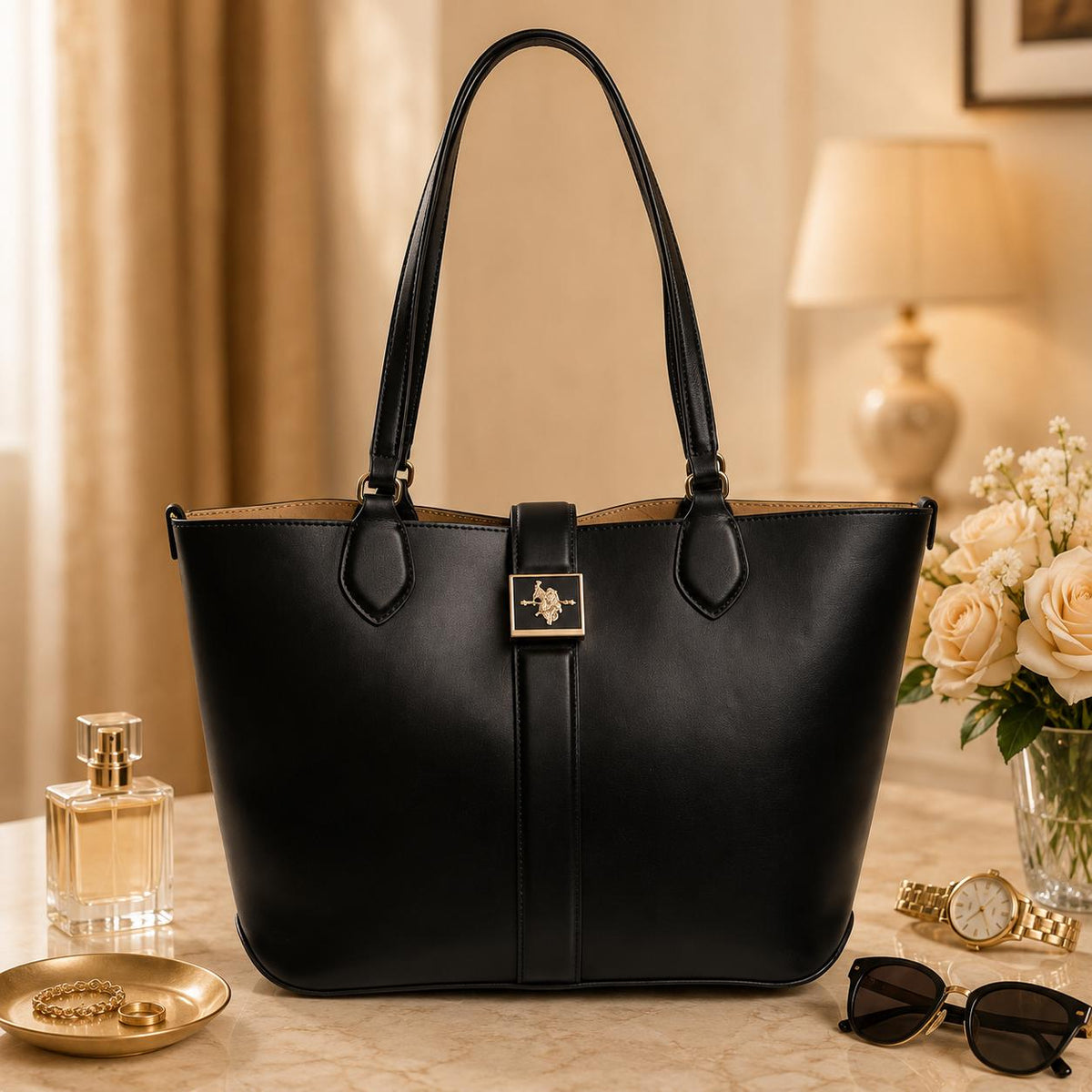 US Polo Assn Black Margaret Tote Bag, Womens Large Shoulder Handbag, Gold Logo Work Shopper Bag with Pouch, Gift for Her