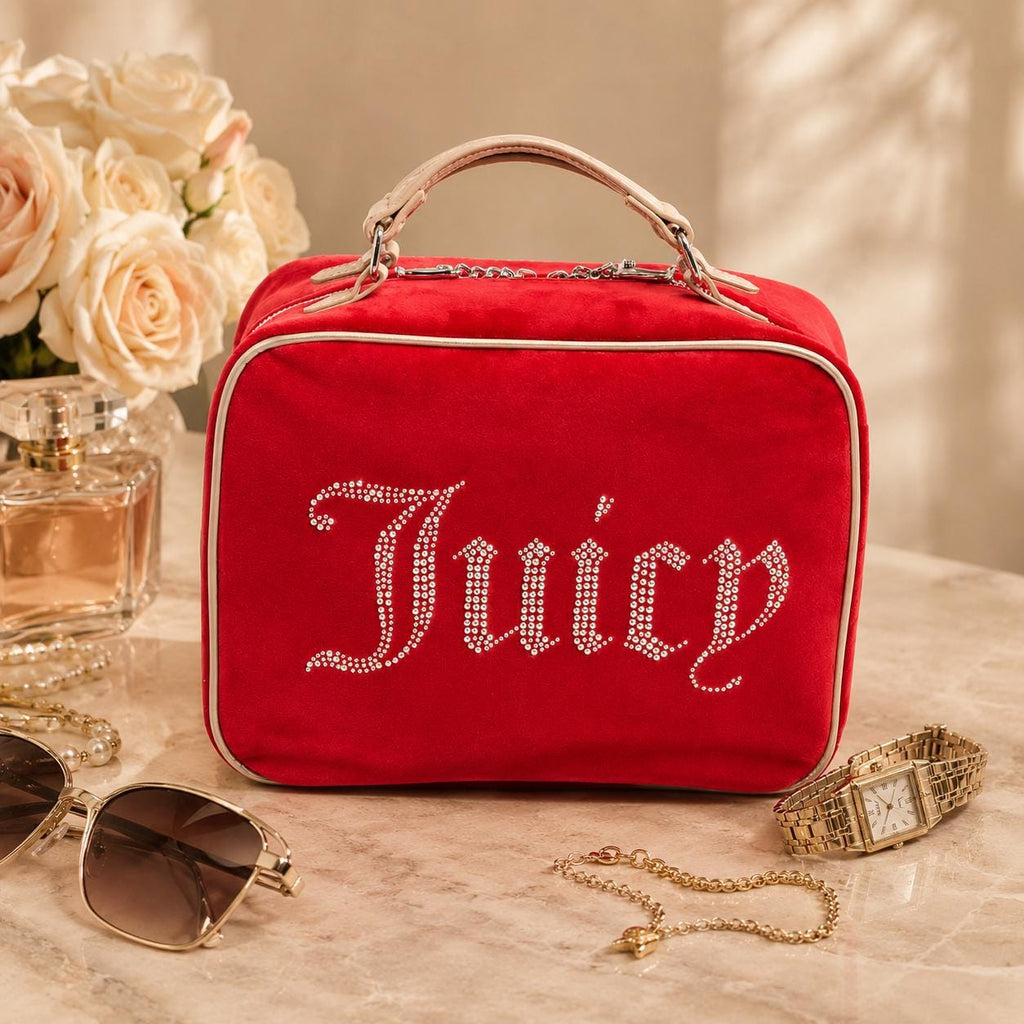 Juicy Couture Red Iris Beauty Case, Rhinestone Makeup Bag, Velvet Cosmetic Case, Large Makeup Organiser, Gift for Her