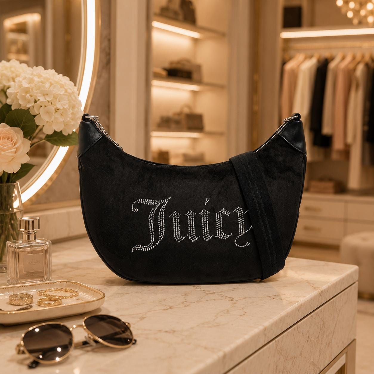 Juicy Couture Black Hobo Shoulder Bag, Rhinestone Embellished Velour Handbag, Slouchy Crescent Bag, Women Gift