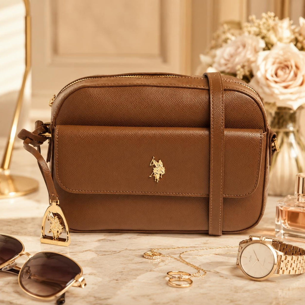 US Polo Assn Brown Crossbody Bag, Jones Pocket Shoulder Bag, Women’s Adjustable Strap Handbag, Brown Everyday Bag