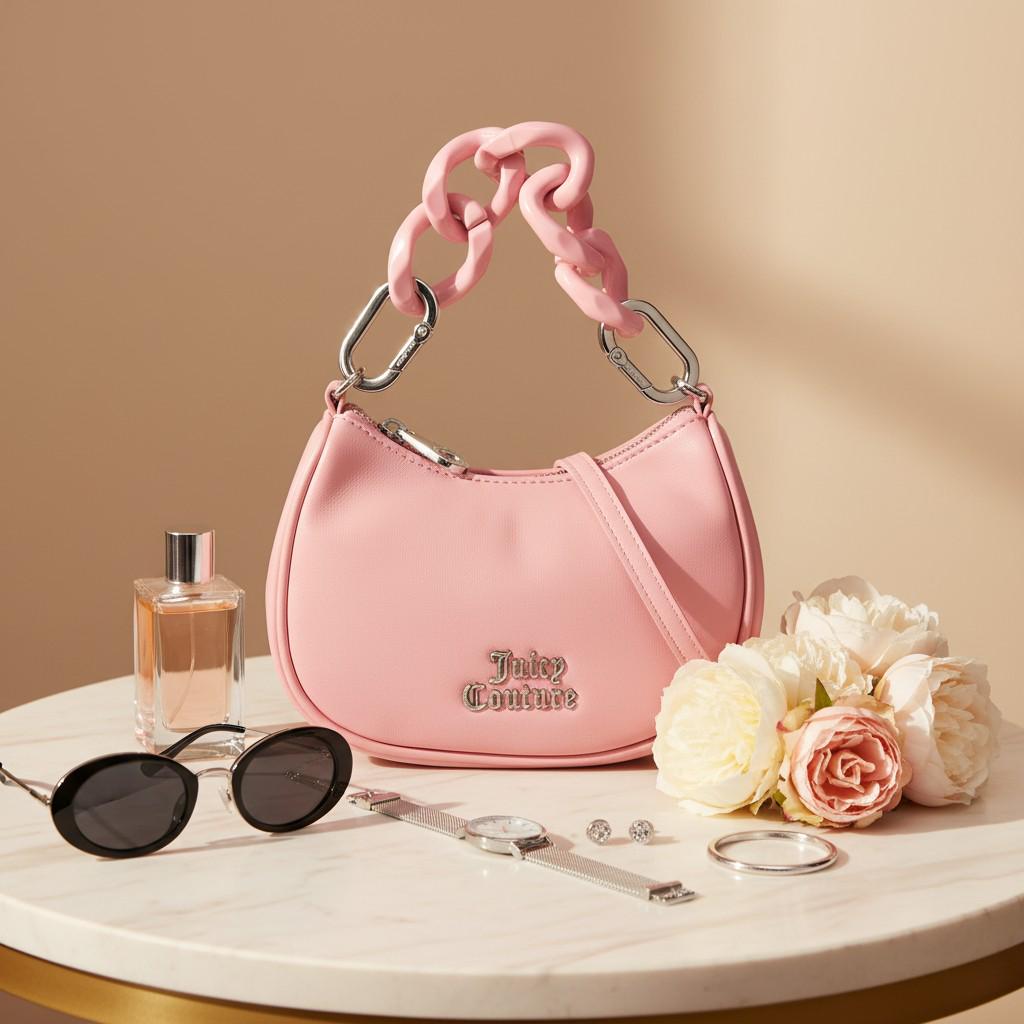 Juicy Couture Pink Grab Bag, Pink Shoulder Bag, Chunky Chain Handbag, Faux Leather Purse, Detachable Strap, Gift for Her