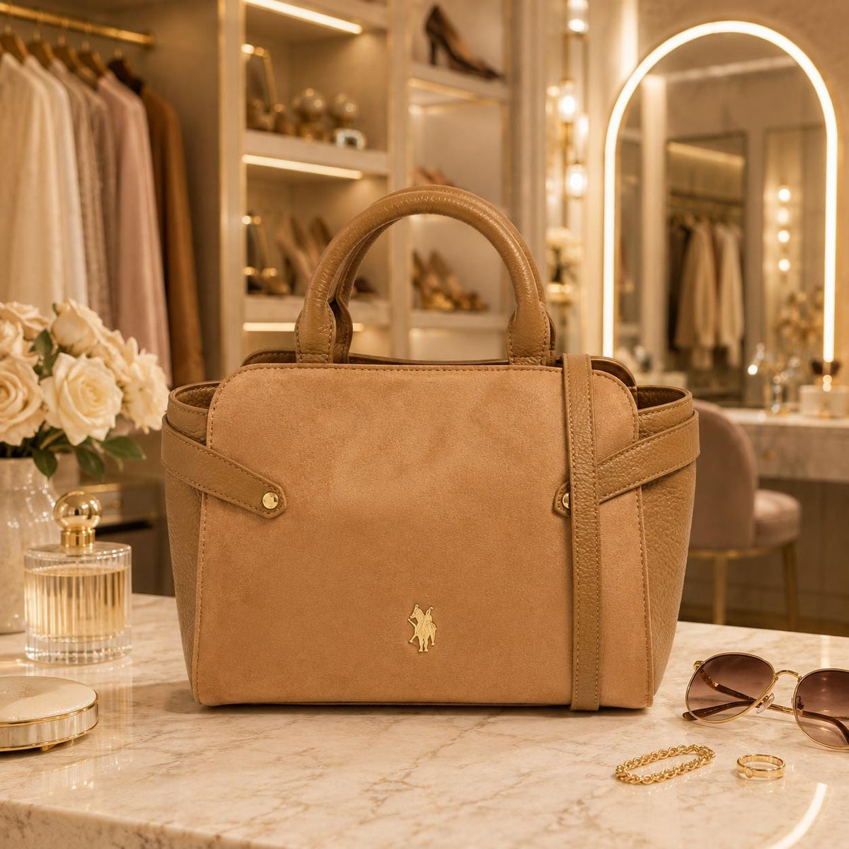 U.S. Polo Assn. Tan Grab Bag, Camel Shoulder Handbag, Suede Look Top Handle Bag, Crossbody Purse, Gold Logo Bag, Gift for Her