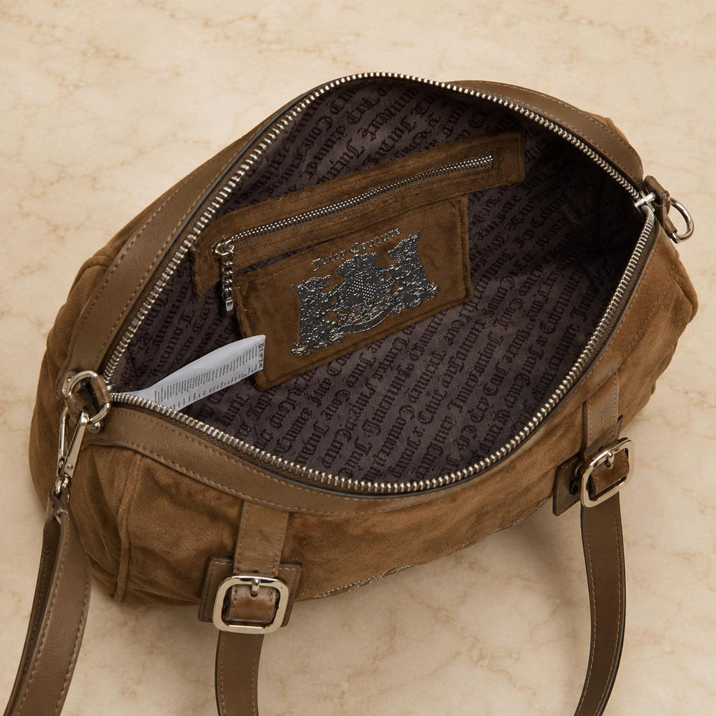 Juicy Couture Brown Velour Handbag, Rhinestone Shoulder Bag, Embellished Grab Bag, Adjustable Strap Purse, Gift for Her