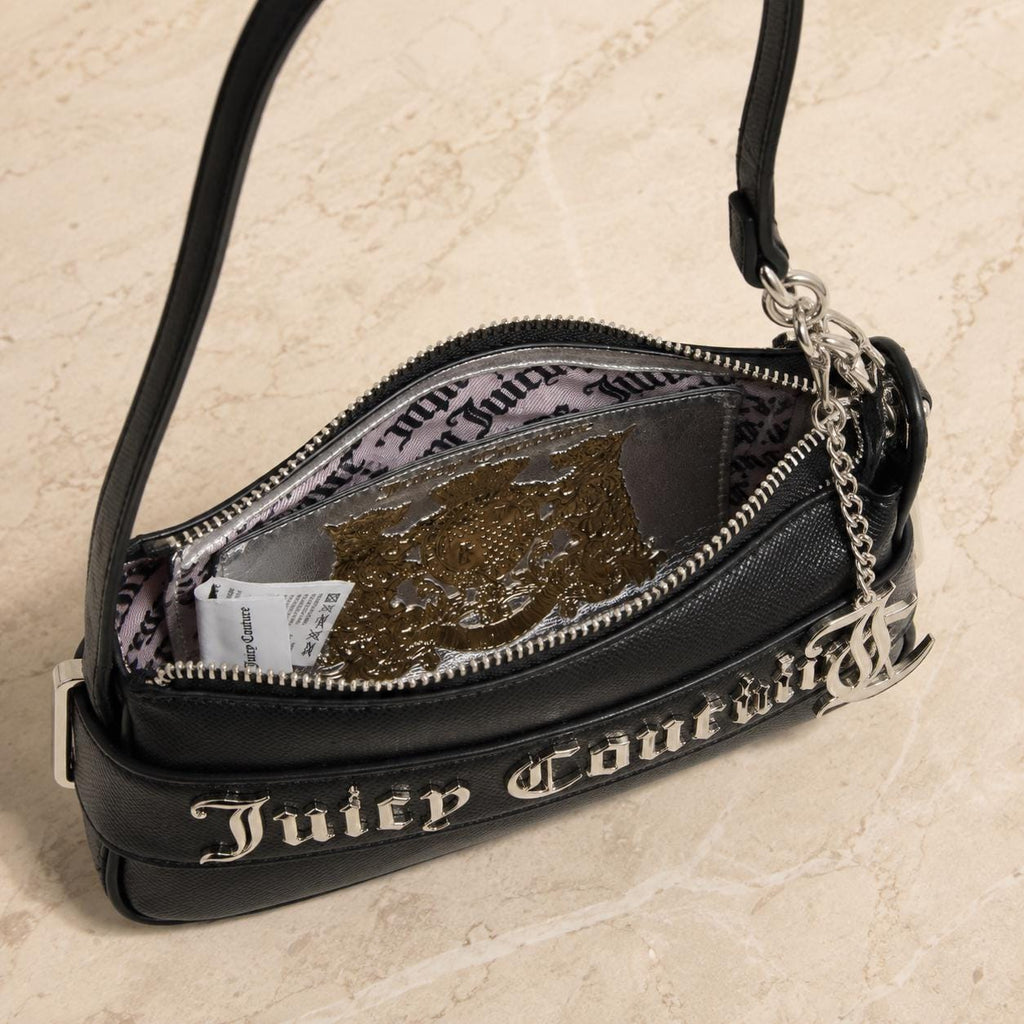 Juicy Couture Black Jasmine Shoulder Bag, Silver Chain Logo Handbag, Black Designer Purse, Women’s Shoulder Bag, Gift for Her