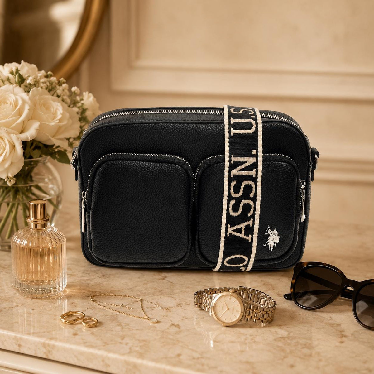 U.S. Polo Assn Black Crossbody Bag, Womens Camera Bag, Multi Pocket Shoulder Bag, Adjustable Logo Strap, Everyday Travel Purse