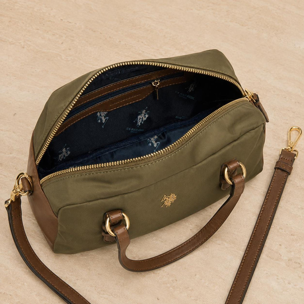 US Polo Assn Khaki Bowling Bag, Olive Green Shoulder Bag, Brown Trim Satchel, Gold Hardware Handbag, Everyday Bag for Women