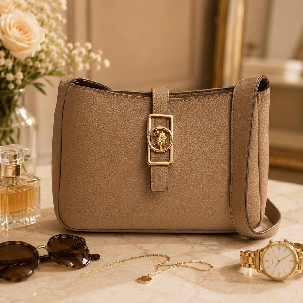 US Polo Assn Beige Shoulder Bag, Sun Faded Handbag, Adjustable Strap Purse, Gold Emblem Everyday Bag, Gift for Her