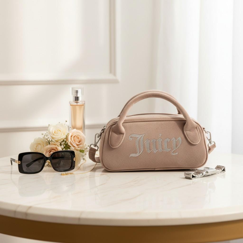 Juicy Couture Taupe Velour Bowling Handbag, Rhinestone Logo Purse, Matching Wallet, Shoulder Bag for Her