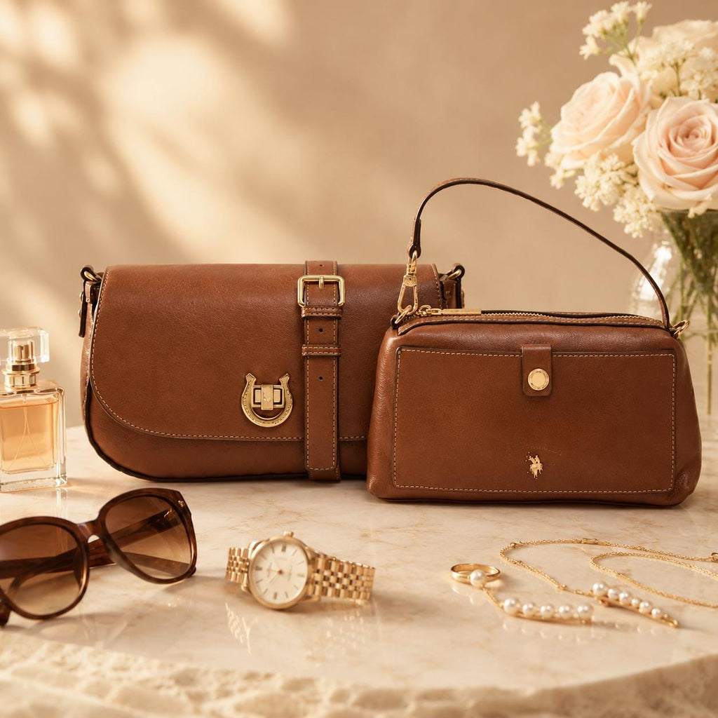U.S. Polo Assn Brown Crossbody Bag & Pouch, Adjustable Shoulder Bag, Gold Hardware Handbag, Womens Everyday Purse, Gift for Her