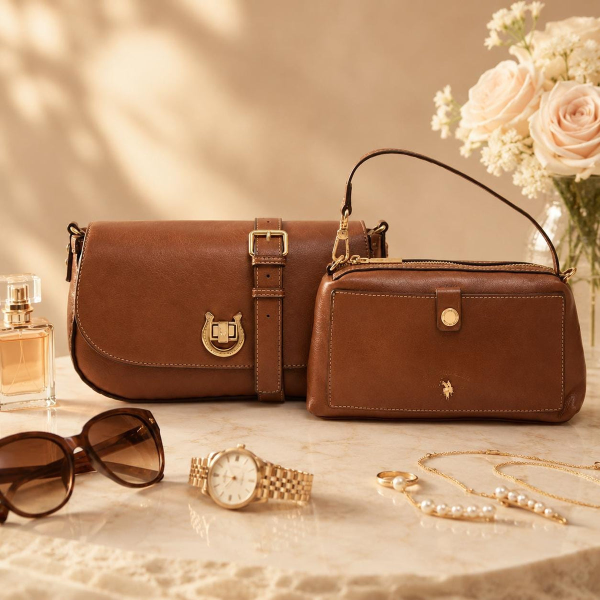 U.S. Polo Assn Brown Crossbody Bag & Pouch, Adjustable Shoulder Bag, Gold Hardware Handbag, Womens Everyday Purse, Gift for Her