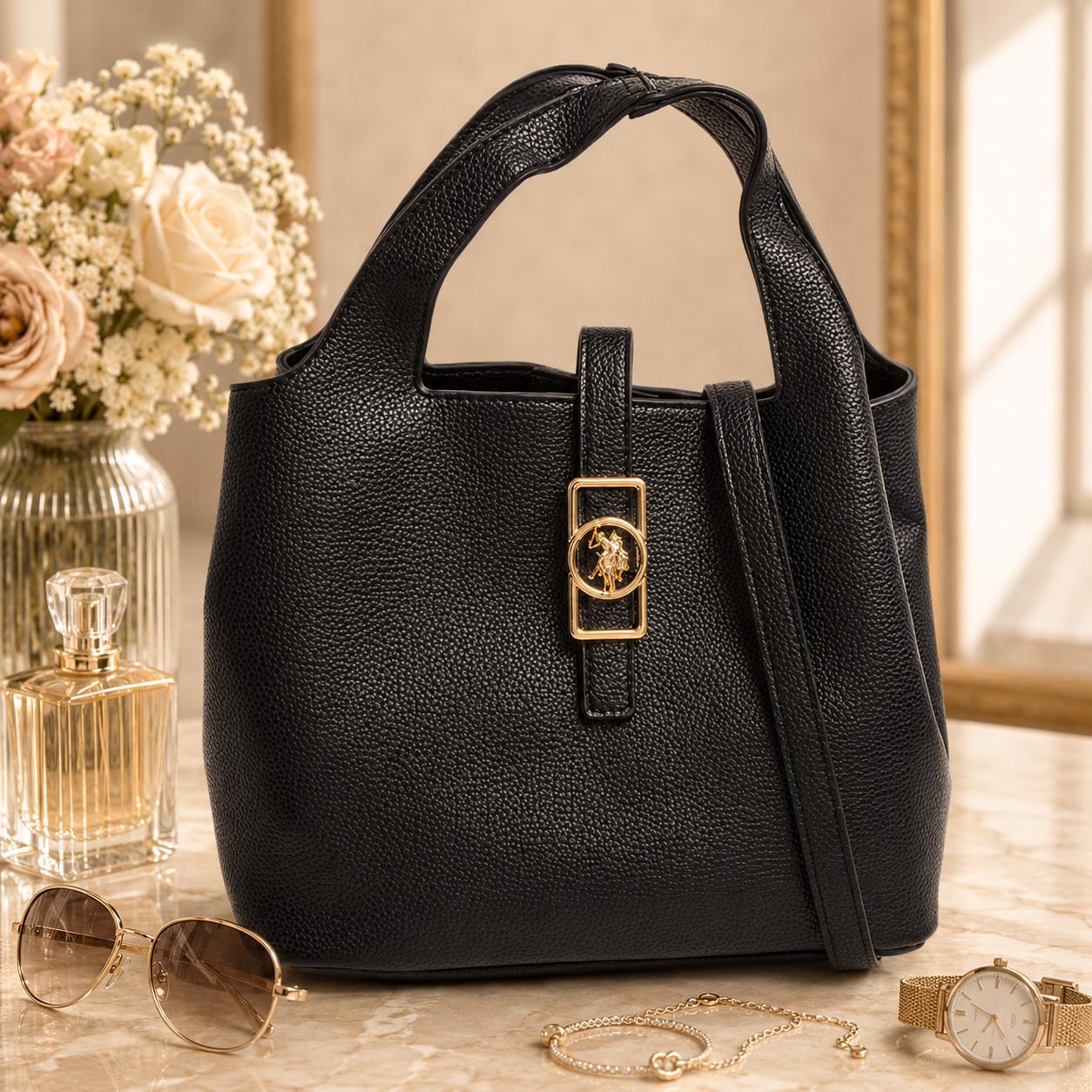 US Polo Assn Black Bucket Bag, Womens Pebbled Handbag, Shoulder Crossbody Bag, Gold Logo Tote, Everyday Designer Style Gift for Her