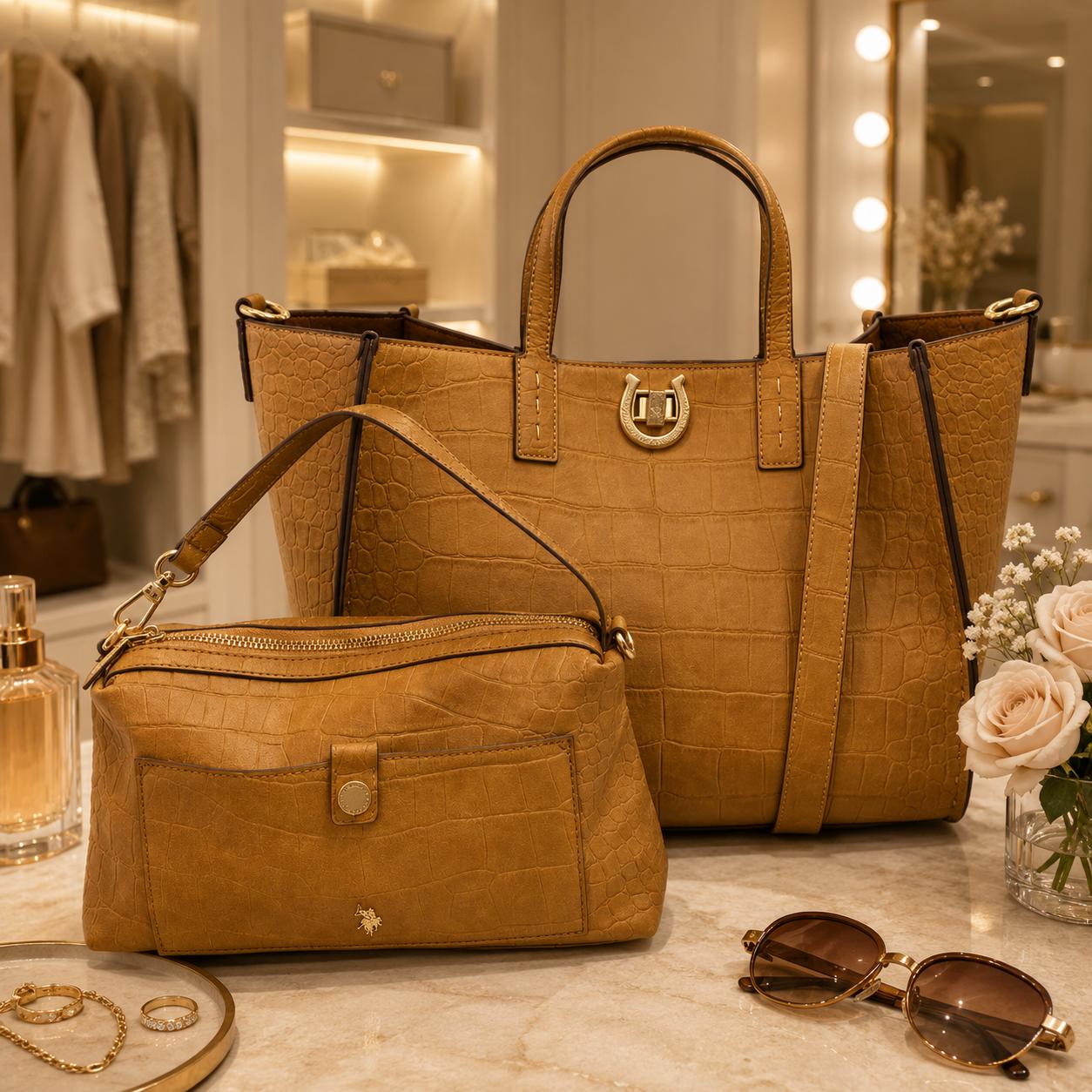 US Polo Assn Brown Reptile Effect Tote Bag, Middleton Womens Shoulder Handbag, Gold Hardware, Crossbody Bag, Gift for Her