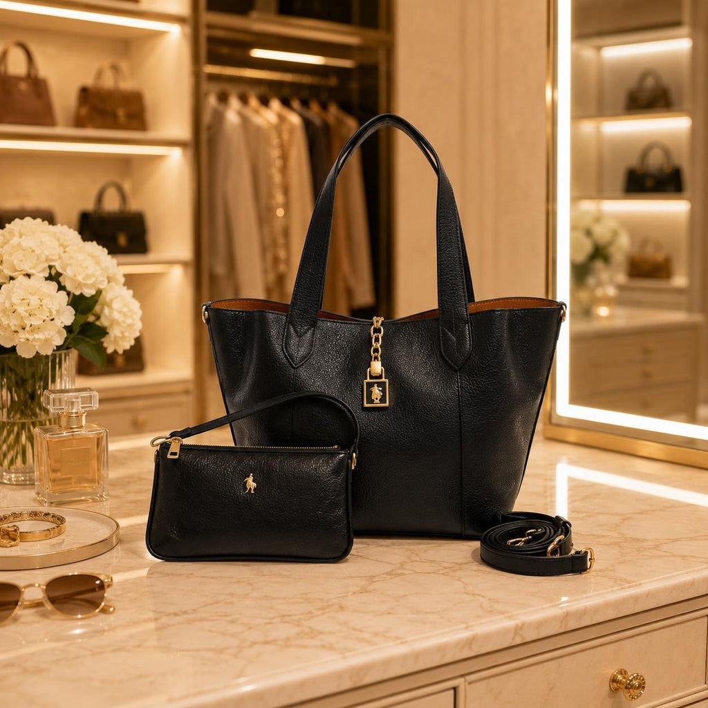 US Polo Assn Black Helcho Tote Bag with Pouch, Womens Pebbled Shoulder Handbag, Gold Hardware Large Shopper, Gift for Her