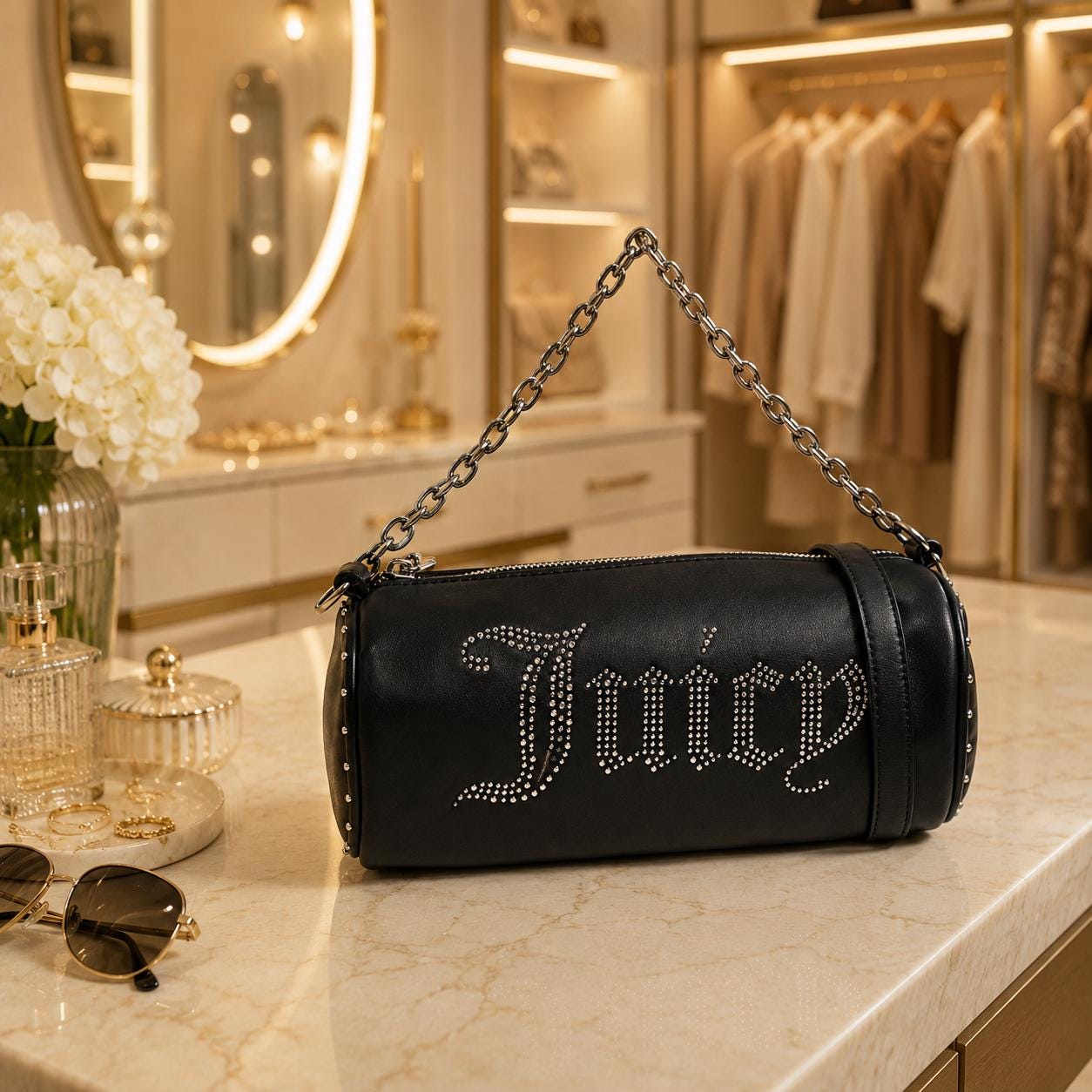Juicy Couture Black Kimberly Barrel Shoulder Bag, Studded Logo Chain Bag, Silver Hardware, Women’s Designer Handbag