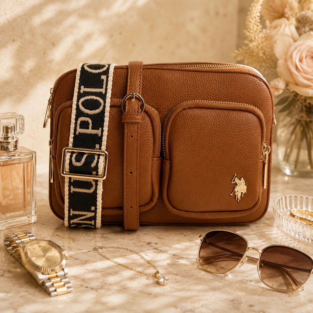 U.S. Polo Assn. Brown Crossbody Bag, Logo Strap Shoulder Bag, Multi Pocket Handbag, Adjustable Strap, Gift for Her