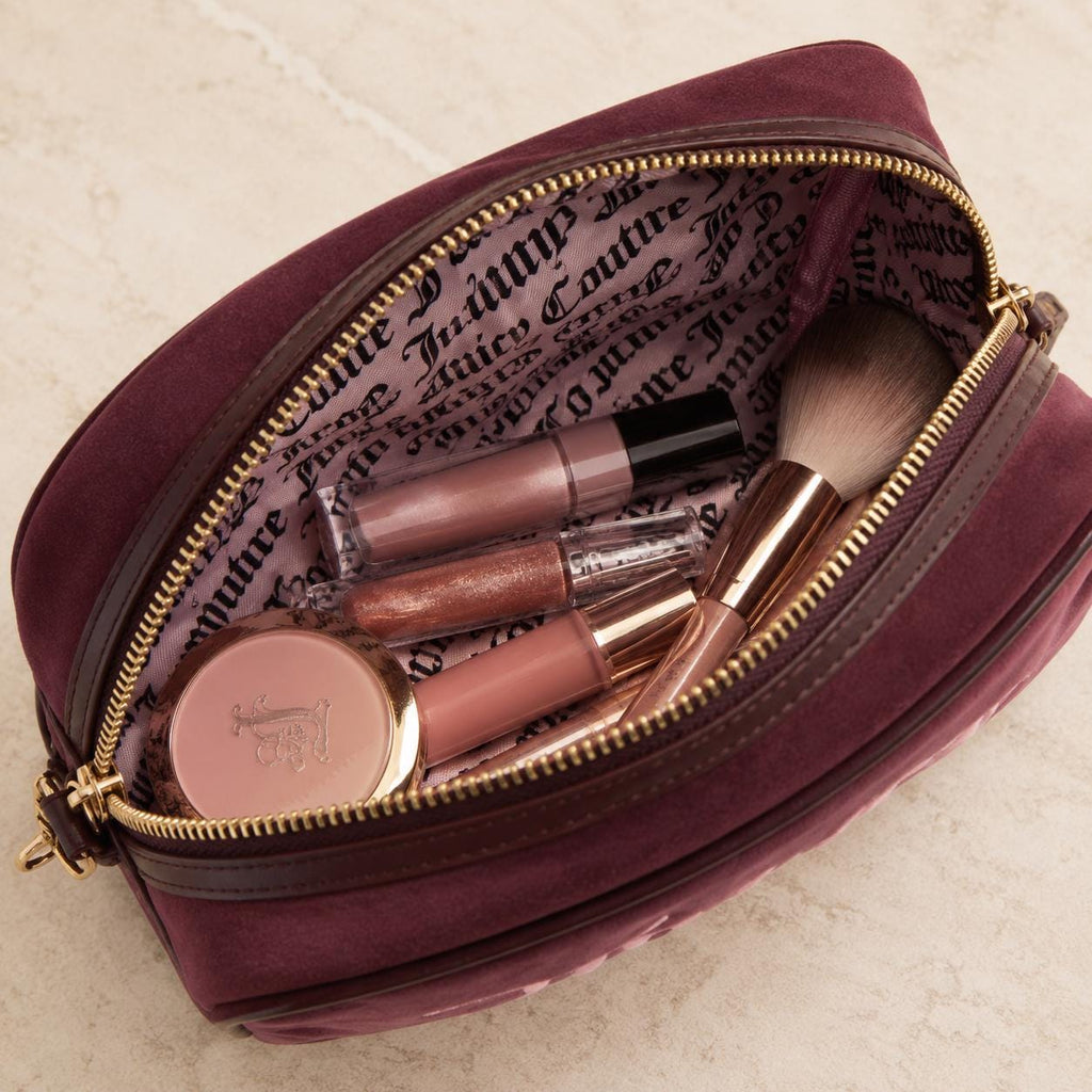 Juicy Couture Burgundy Velour Cosmetic Bag, Pink Embroidered Makeup Bag, Gold Zip Beauty Case, Makeup Storage Bag, Gift for Her