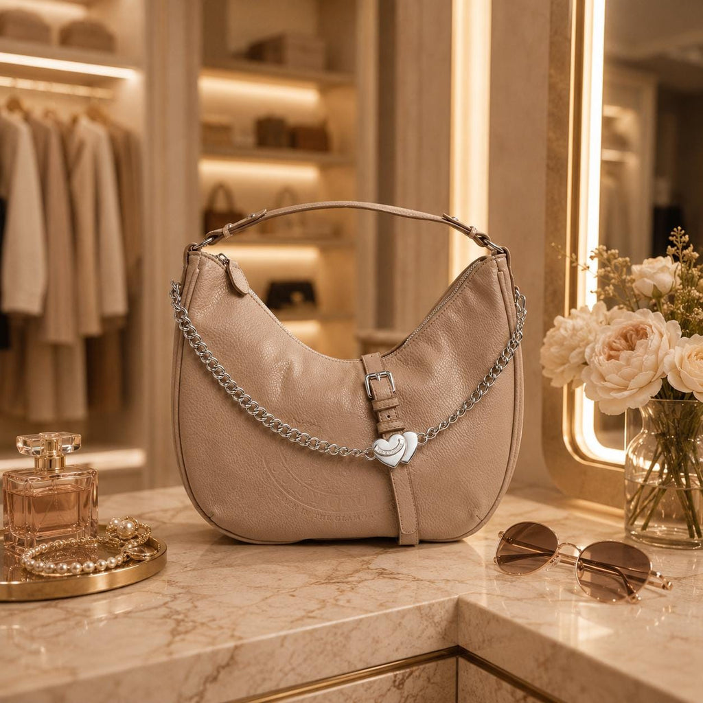 Juicy Couture Taupe Hobo Shoulder Bag, Faux Leather Handbag, Silver Heart Chain Charm Purse, Everyday Bag, Gift for Her