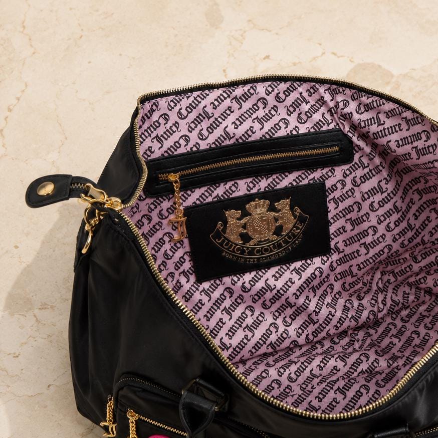Juicy Couture Black Heart Weekend Bag, Large Black Travel Bag, Pink Heart Logo, Gold Tone Hardware, Shoulder Holdall