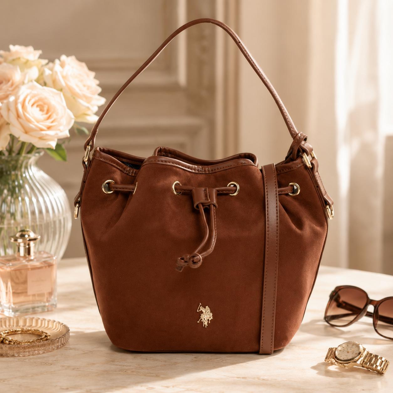 U.S. Polo Assn. Brown Bucket Bag, Suede Look Shoulder Bag, Drawstring Handbag, Gold Logo Purse, Womens Everyday Bag, Gift for Her