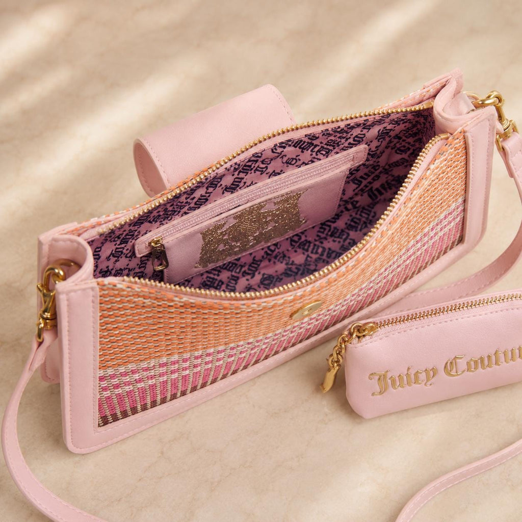Juicy Couture Pink Shoulder Bag & Pouch, Woven Multicolour Handbag, Gold Chain Strap Purse, Detachable Coin Pouch, Gift for Her