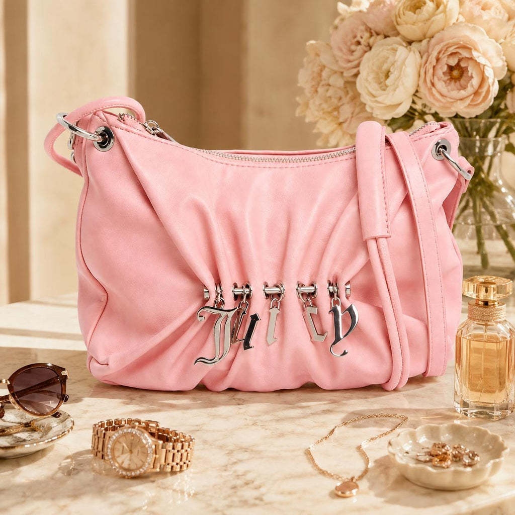 Juicy Couture Pink Shoulder Bag, Jade Small Hobo Bag, Silver Logo Charm Handbag, Pink Crossbody Bag, Gift for Her