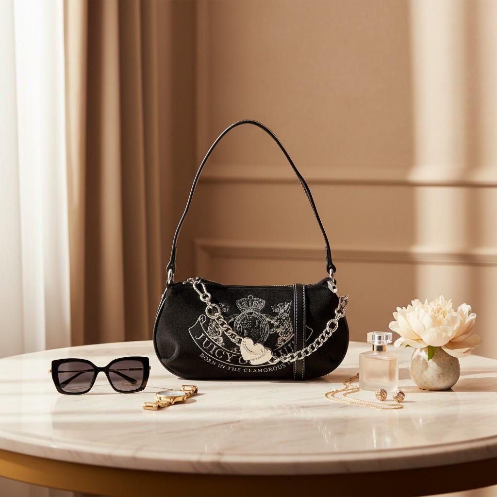 Juicy Couture Black Shoulder Bag, Silver Chain Crossbody Bag, Heart Charm Handbag, Embossed Crest Purse, Gift for Her
