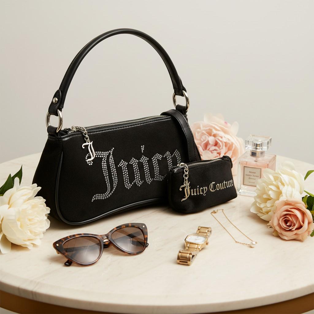 Juicy Couture Black Velvet Shoulder Bag, Rhinestone Handbag, Matching Pouch, Silver Charm Purse, Gift for Her