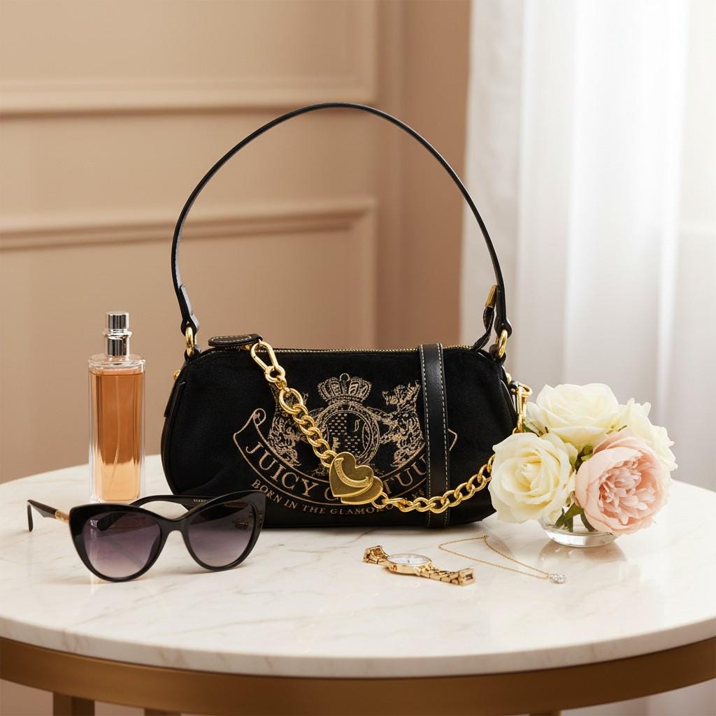 Juicy Couture Black Shoulder Bag, Gold Chain Crossbody Bag, Heart Charm Handbag, Embossed Crest Purse, Gift for Her