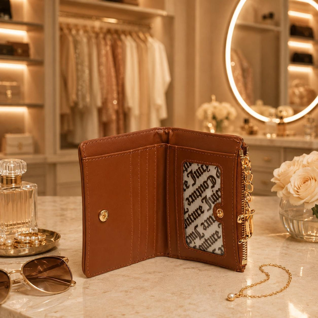 Juicy Couture Beige Tan Wallet, Diamante Madeleine Purse, Canvas Bifold Wallet, Zip Coin Pocket, Gold Charm, Gift for Her