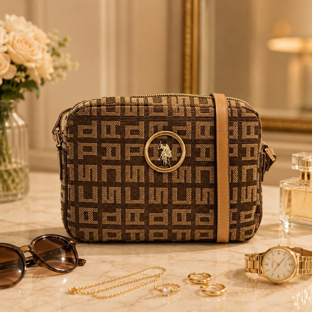 US Polo Assn Brown Jacquard Crossbody Bag, Monogram Shoulder Handbag, Tan Logo Purse, Adjustable Strap Bag, Gift for Her