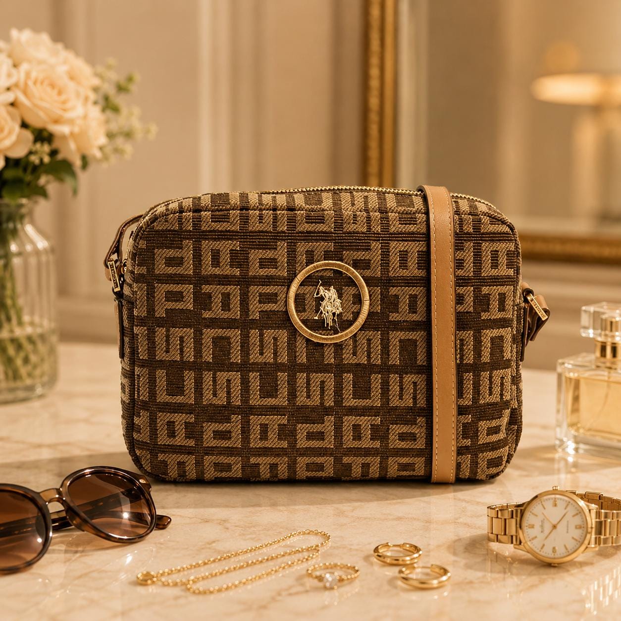 US Polo Assn Brown Jacquard Crossbody Bag, Monogram Shoulder Handbag, Tan Logo Purse, Adjustable Strap Bag, Gift for Her