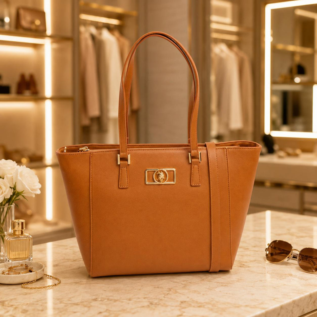 U.S. Polo Assn Tan Tote Bag, Large Shoulder Handbag, Brown Everyday Bag, Gold Logo Work Tote, Womens Shopper Bag, Gift for Her