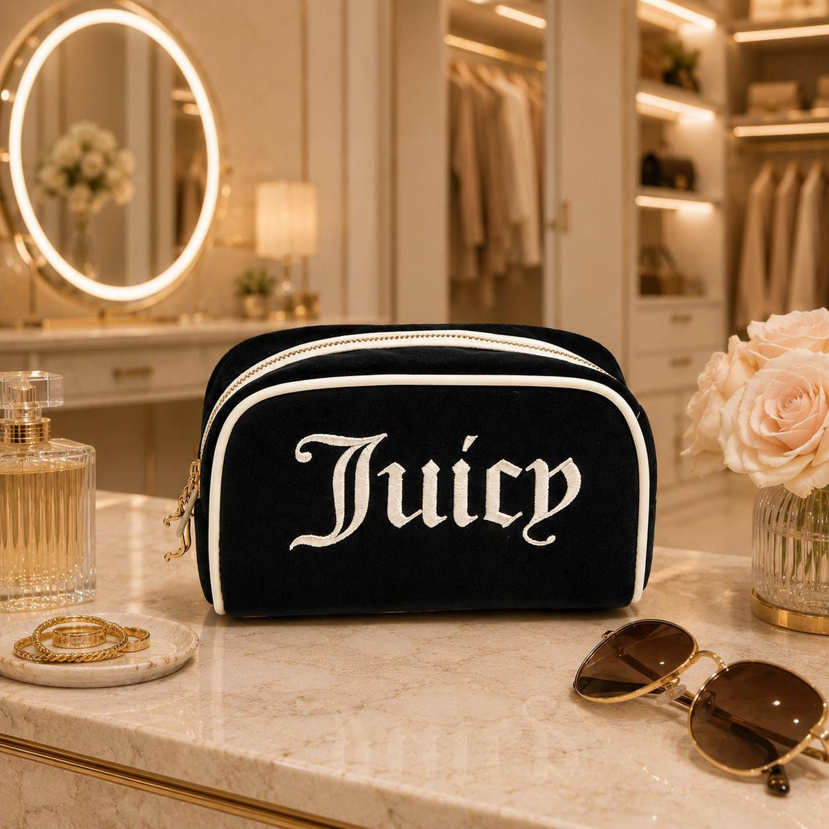 Juicy Couture Black & Cream Velour Cosmetic Bag, Embroidered Logo Makeup Bag, Luxury Beauty Case, Toiletry Bag, Gift for Her