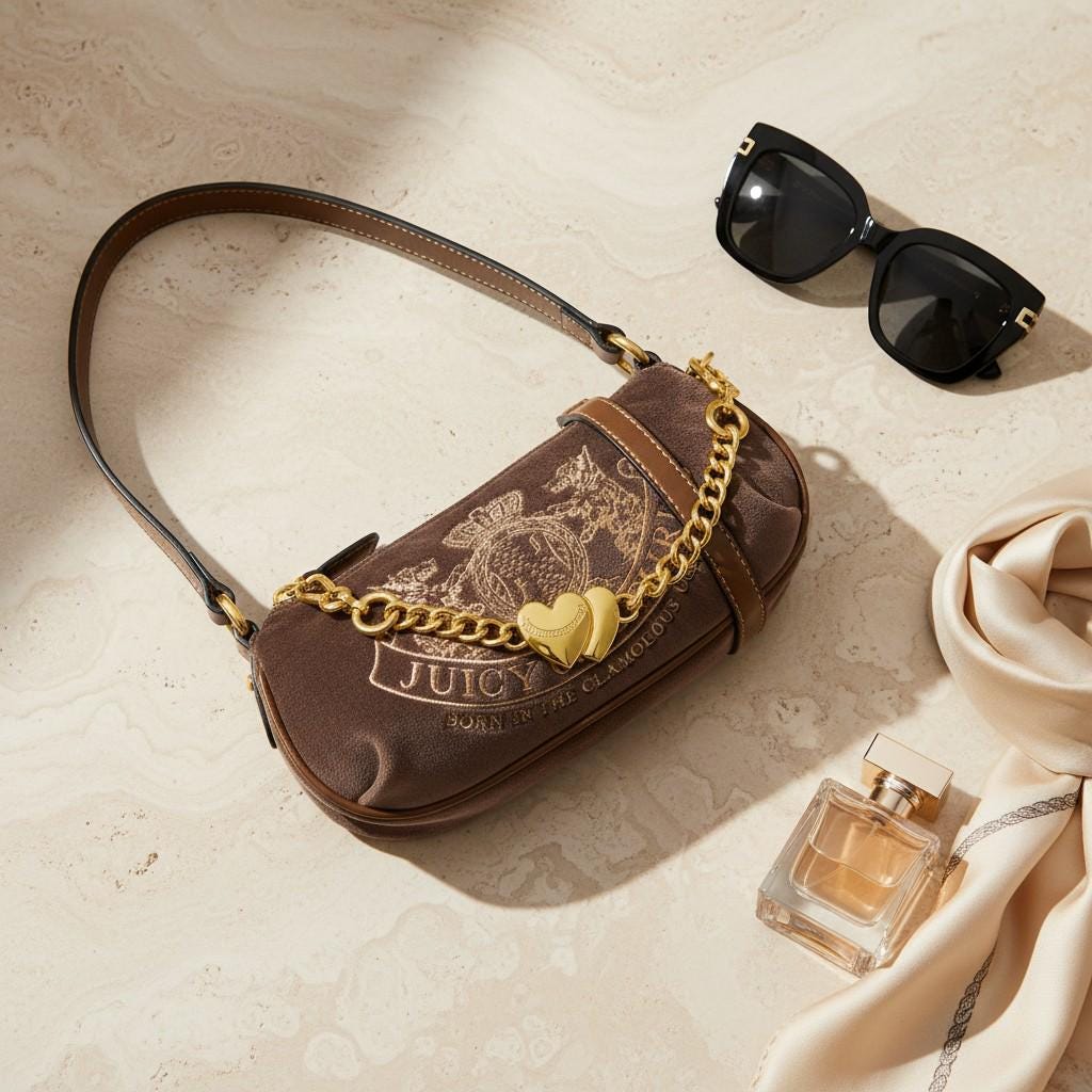 Juicy Couture Brown Shoulder Bag, Gold Chain Heart Charm, Embroidered Logo Handbag, Gift for Her