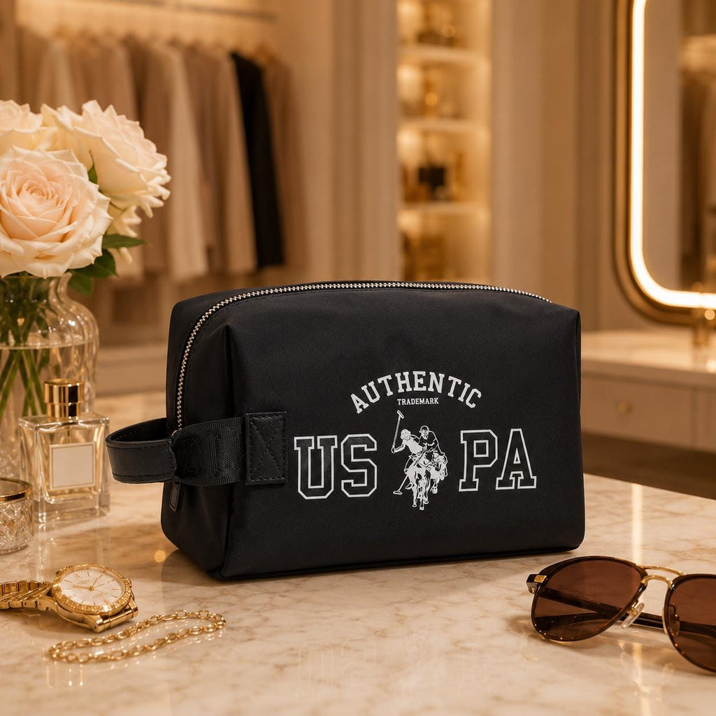 U.S. Polo Assn. Black Cosmetic Bag, Makeup Toiletry Bag, Travel Beauty Organiser, Zip Wash Bag, Makeup Storage, Gift for Her