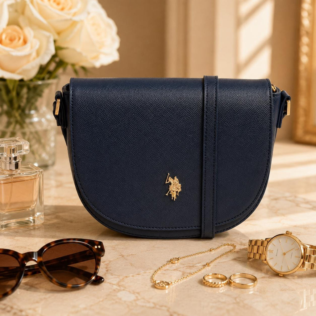 US Polo Assn Navy Crossbody Bag, Jones Shoulder Handbag, Adjustable Strap Purse, Gold Logo Saddle Bag, Gift for Her
