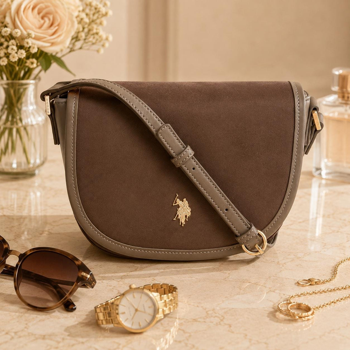 U.S. Polo Assn. Taupe Crossbody Bag, Jones Saddle Shoulder Bag, Adjustable Strap Handbag, Gold Logo Purse, Gift for Her